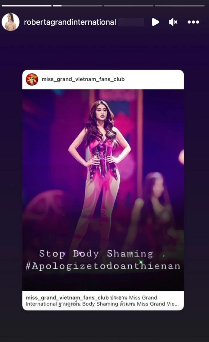 Instagram chính thức của người đẹp 19 tuổi từng chia sẻ một bài đăng có nội dung yêu cầu ông Nawat phải xin lỗi Thiên Ân. 